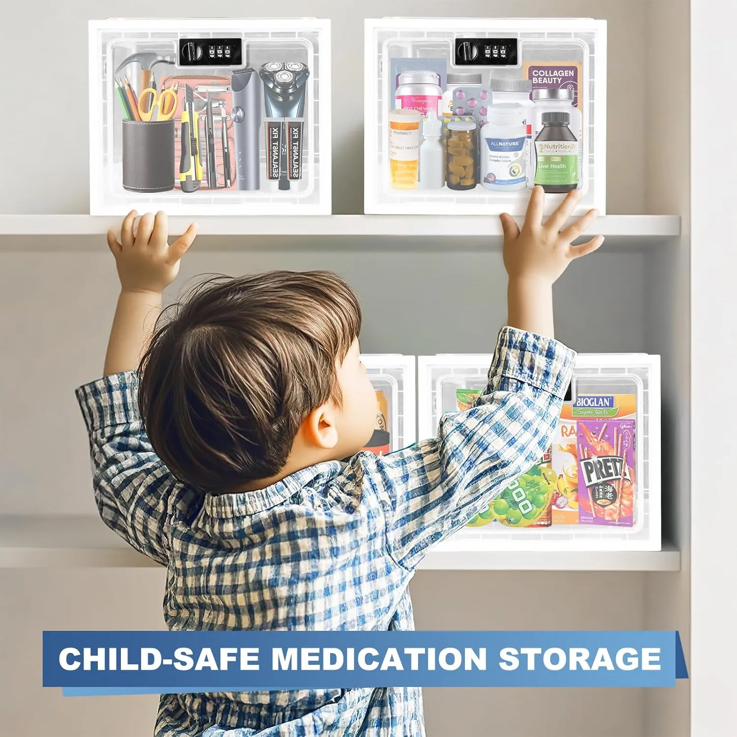 Gemaxvoled 2 Pack Medicine Lock Box, Large Capacity Premium Material Lockable Storage Bin Organizer Box with Combination Code for Safe Medication/Fridge Food/Snacks/Phone/Tablet Jail(White)