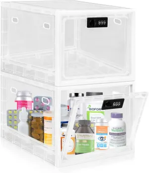 Gemaxvoled 2 Pack Medicine Lock Box, Large Capacity Premium Material Lockable Storage Bin Organizer Box with Combination Code for Safe Medication/Fridge Food/Snacks/Phone/Tablet Jail(White)