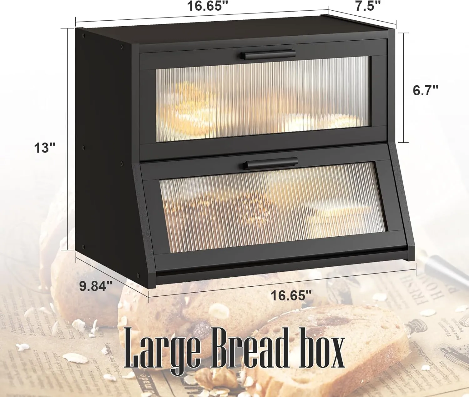 GHWIE Double Layer Bamboo Bread Box for Kitchen Counter,Large Capacity Bread Storage Bin,Bread Container with Acrylic Wavy Door Panel (Black, Medium)