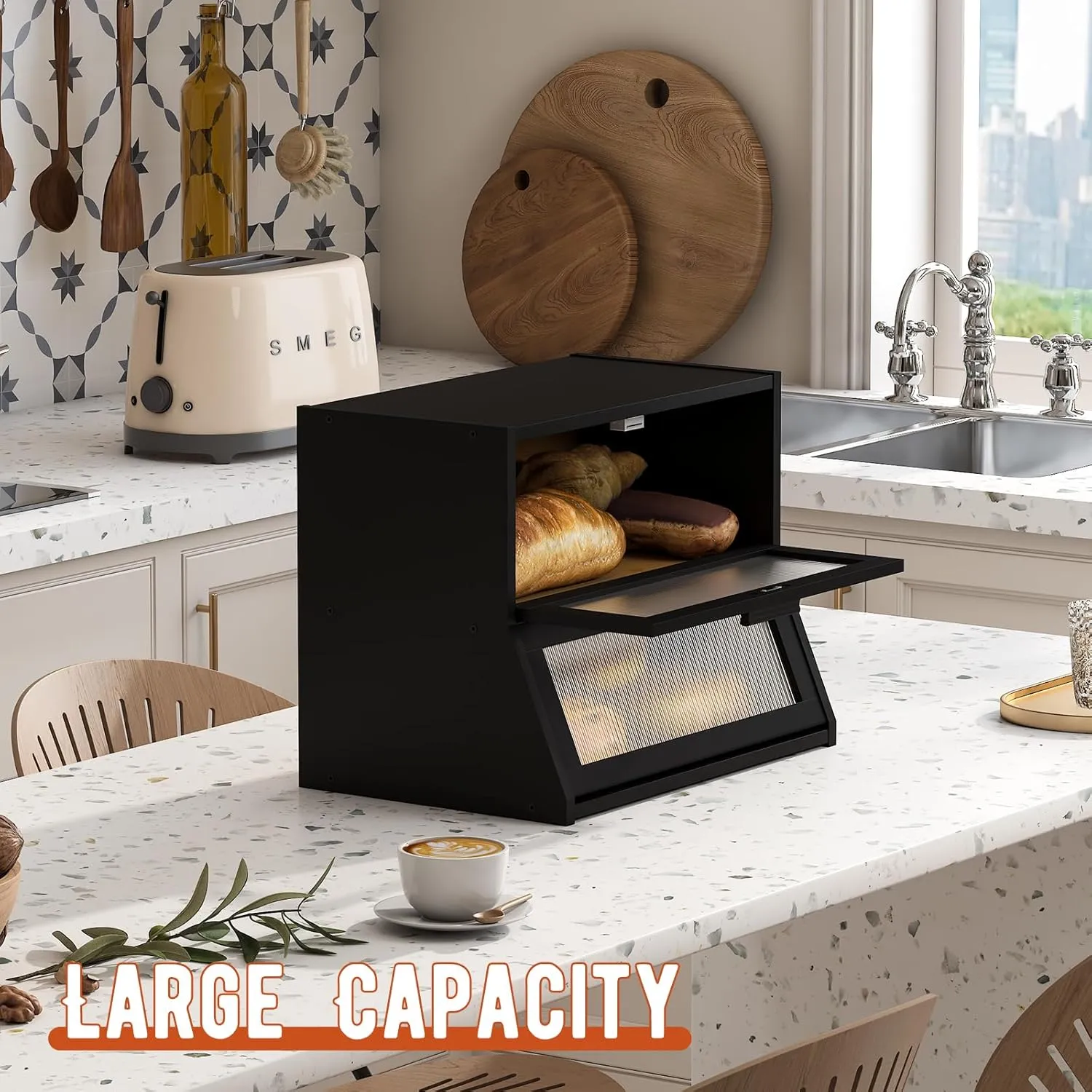 GHWIE Double Layer Bamboo Bread Box for Kitchen Counter,Large Capacity Bread Storage Bin,Bread Container with Acrylic Wavy Door Panel (Black, Medium)