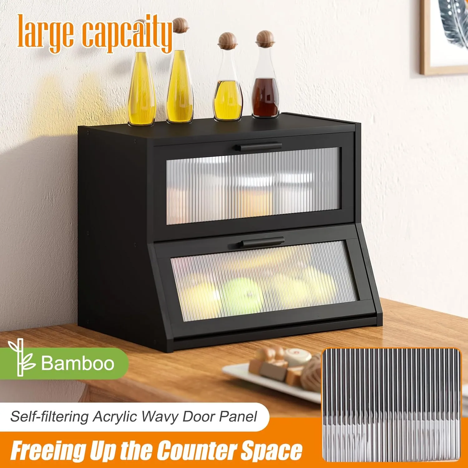 GHWIE Double Layer Bamboo Bread Box for Kitchen Counter,Large Capacity Bread Storage Bin,Bread Container with Acrylic Wavy Door Panel (Black, Medium)