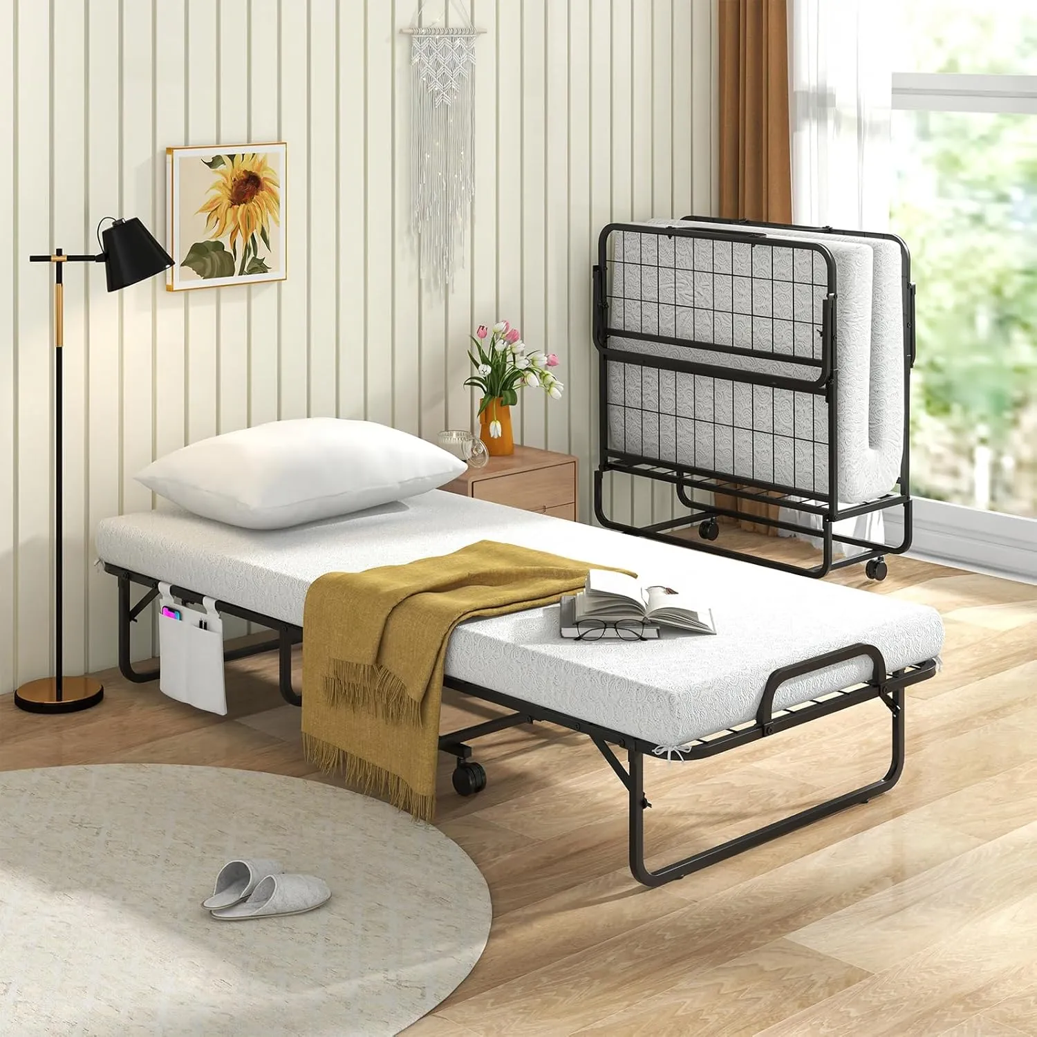 Giantex Folding Bed with Mattress and Top Pillow, Cot Portable Guest Bed w/Metal Frame, Storage Pocket & Cover, Space-Saving Rollaway Bed with Memory Foam Mattress for Adults, 75" x 31"