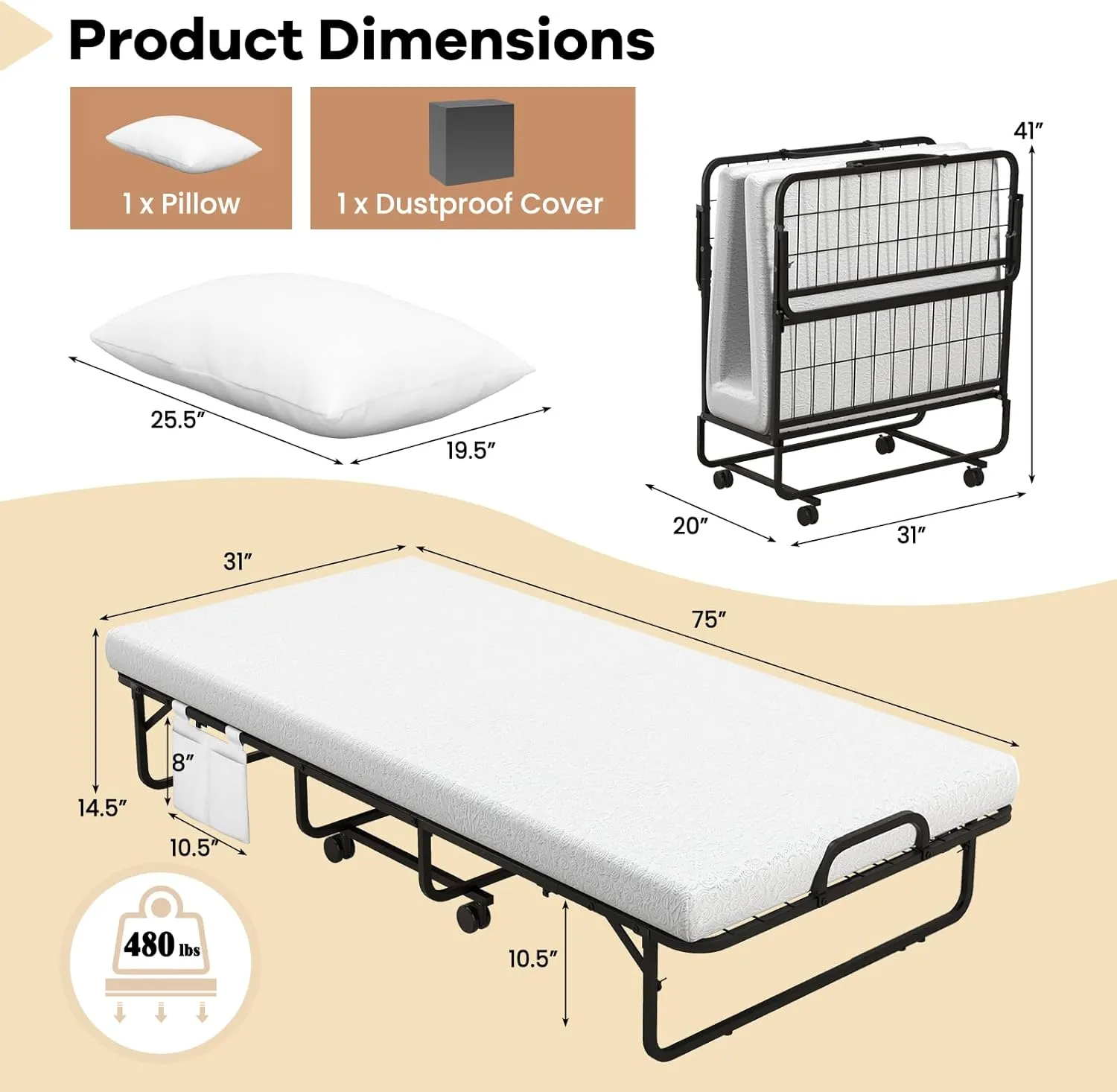 Giantex Folding Bed with Mattress and Top Pillow, Cot Portable Guest Bed w/Metal Frame, Storage Pocket & Cover, Space-Saving Rollaway Bed with Memory Foam Mattress for Adults, 75" x 31"