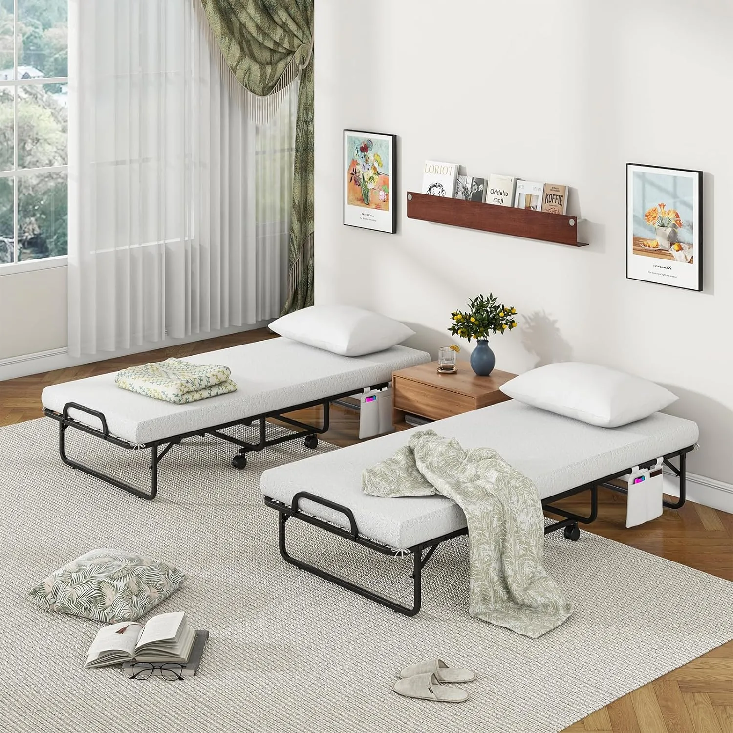 Giantex Folding Bed with Mattress and Top Pillow, Cot Portable Guest Bed w/Metal Frame, Storage Pocket & Cover, Space-Saving Rollaway Bed with Memory Foam Mattress for Adults, 75" x 31"