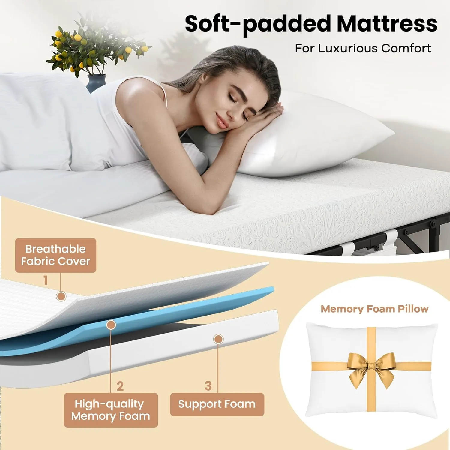 Giantex Folding Bed with Mattress and Top Pillow, Cot Portable Guest Bed w/Metal Frame, Storage Pocket & Cover, Space-Saving Rollaway Bed with Memory Foam Mattress for Adults, 75" x 31"