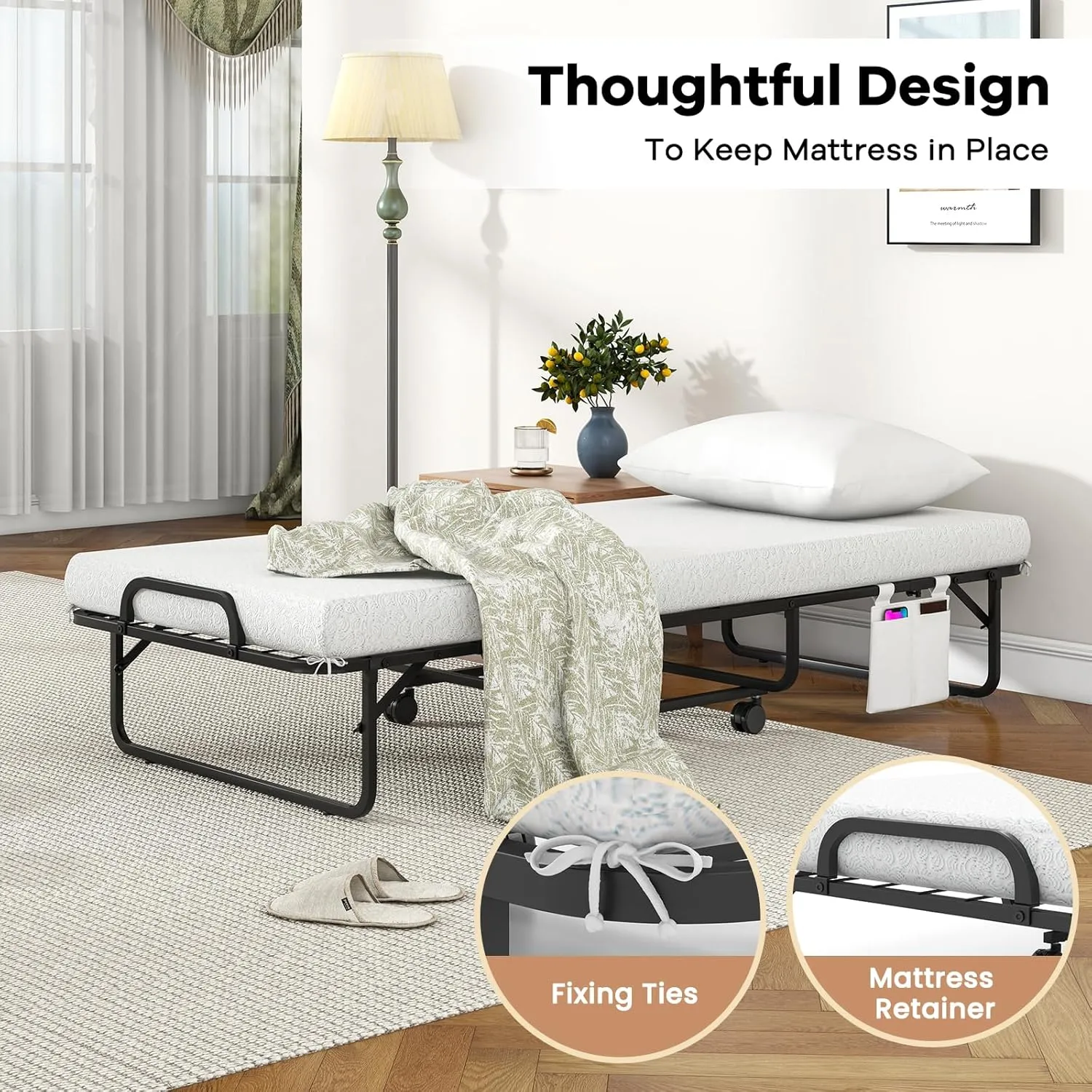 Giantex Folding Bed with Mattress and Top Pillow, Cot Portable Guest Bed w/Metal Frame, Storage Pocket & Cover, Space-Saving Rollaway Bed with Memory Foam Mattress for Adults, 75" x 31"