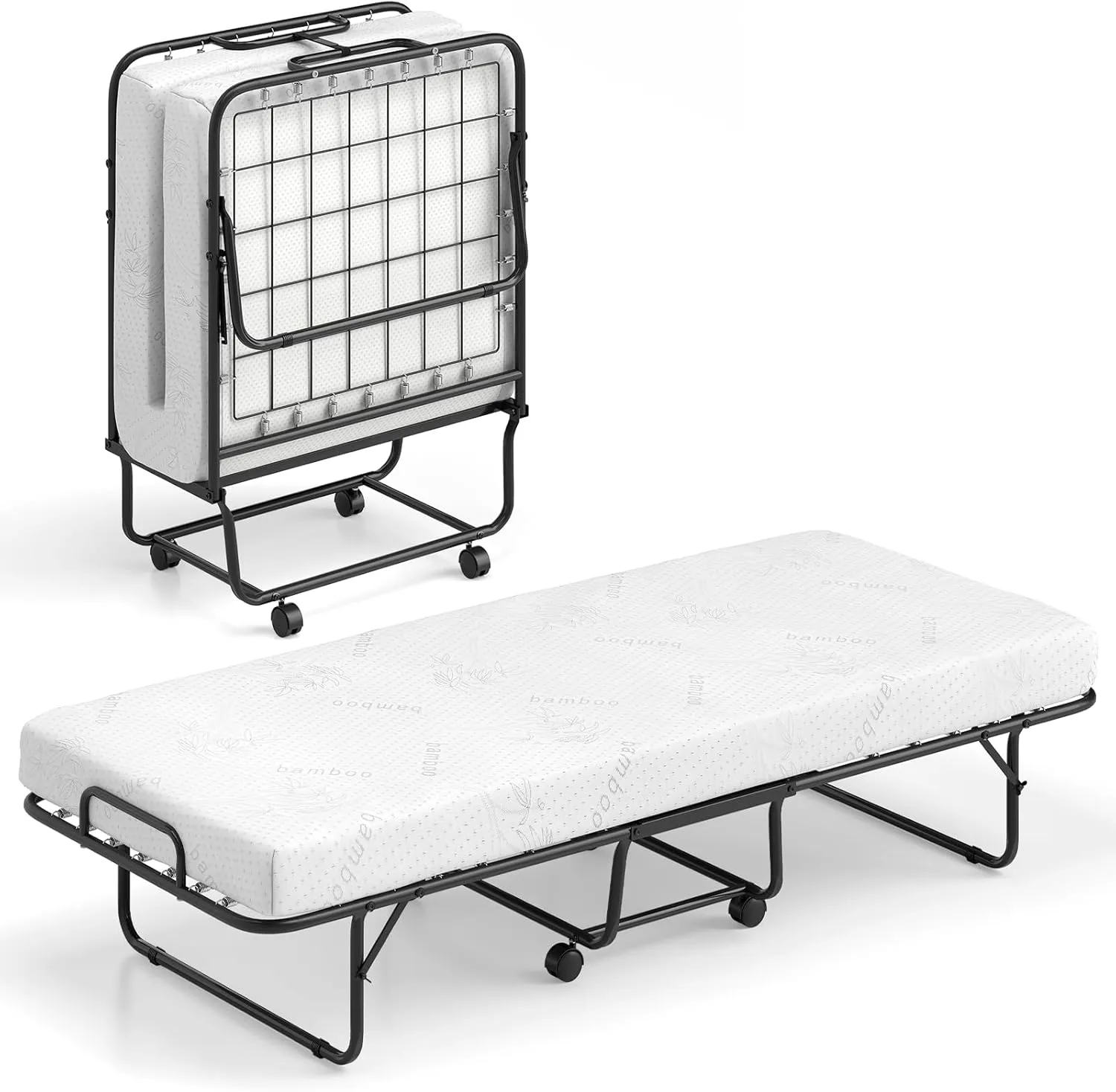 Giantex Folding Bed with Mattress for Adults, 75" x 31" Cot Size Portable Rollaway Bed with Sturdy Metal Frame, Space Saving Roll Away Bed with Memory Foam Mattress for Guest Living Room