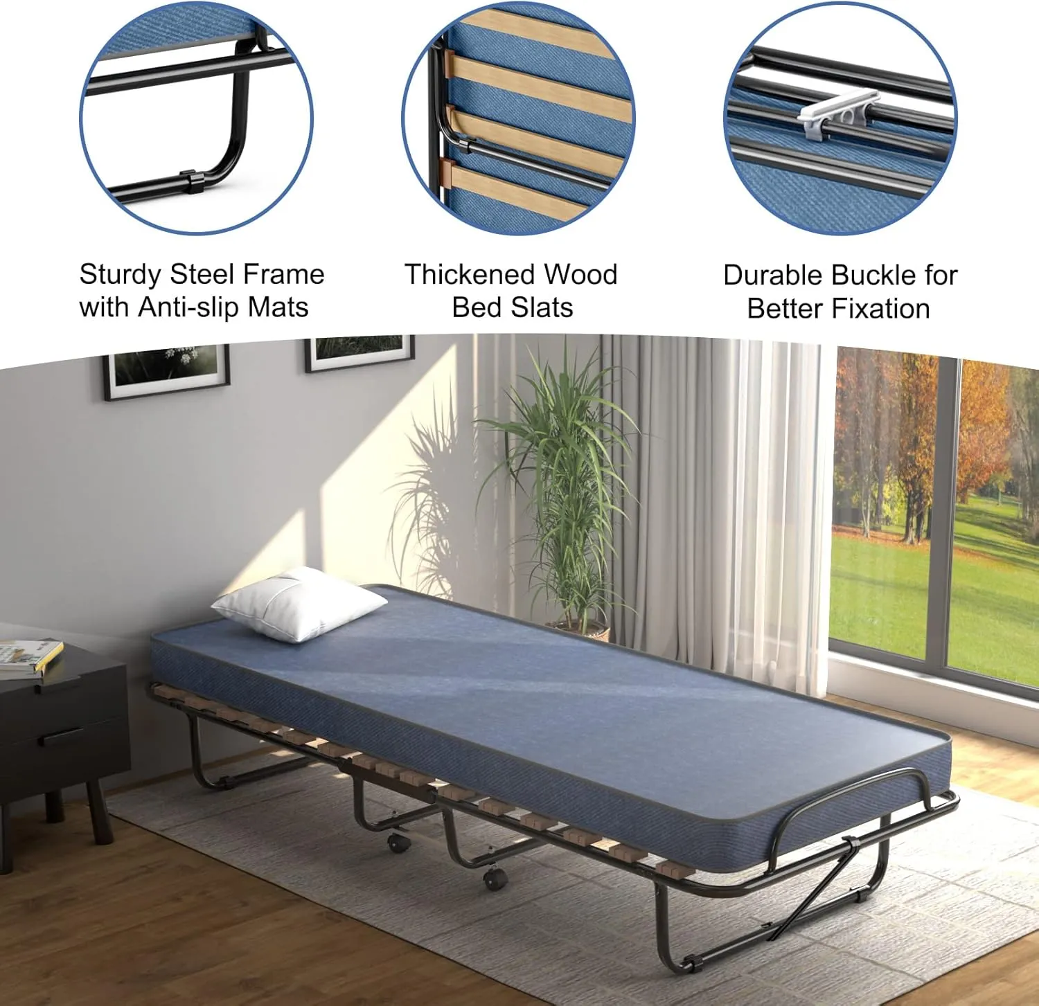 Giantex Folding Bed with Mattress for Adults, Rollaway Guest Beds w/Memory Foam Mattress & Metal Frame, Made in Italy, Cot Size Rollaway Bed, Portable Foldable Sleeper Bed for Home, 75" x 32",Blue