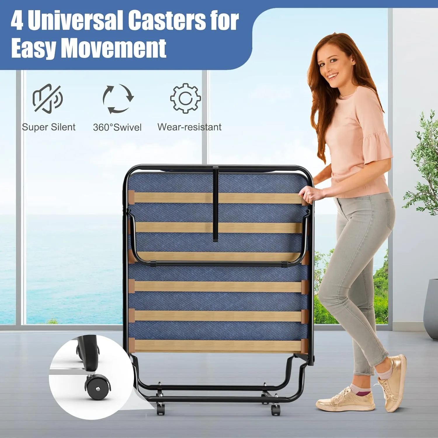 Giantex Folding Bed with Mattress for Adults, Rollaway Guest Beds w/Memory Foam Mattress & Metal Frame, Made in Italy, Cot Size Rollaway Bed, Portable Foldable Sleeper Bed for Home, 75" x 32",Blue