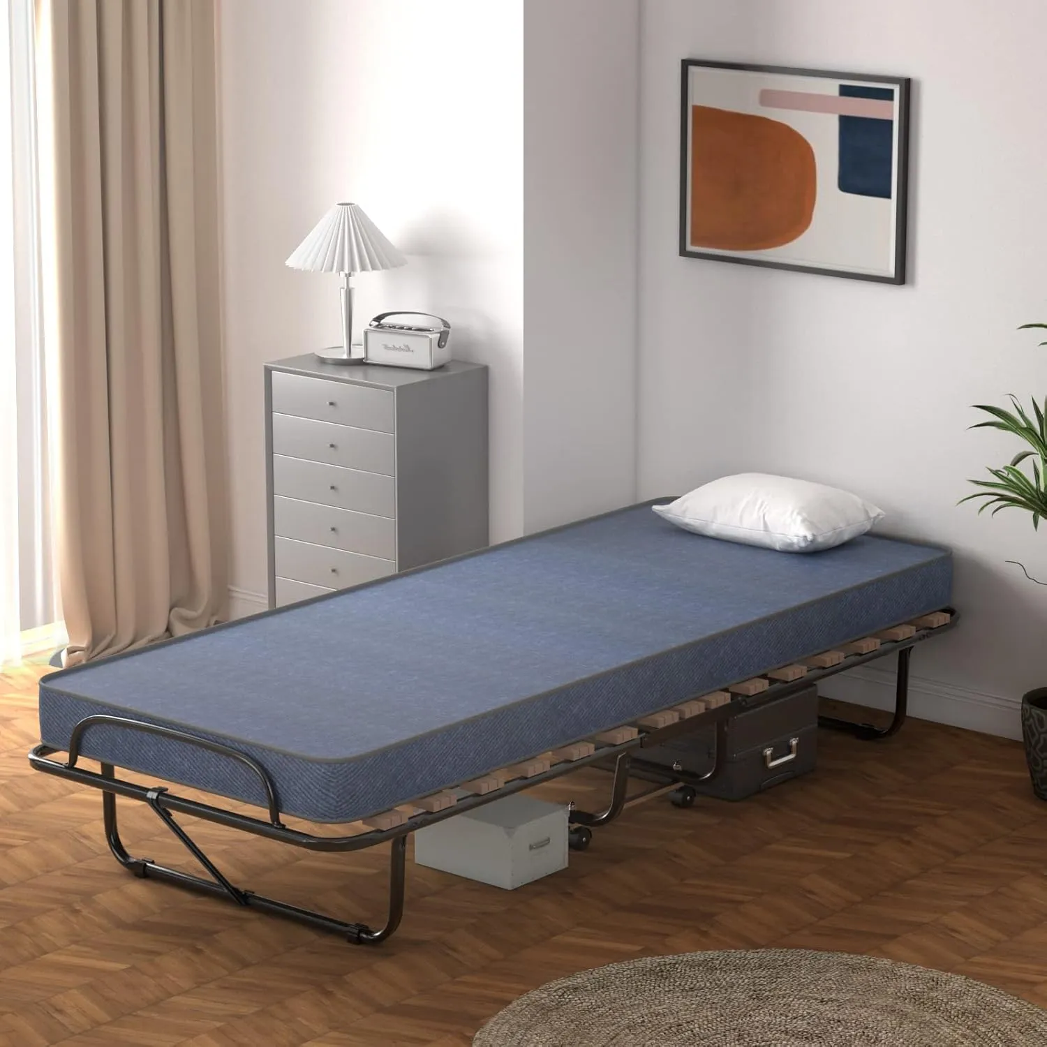Giantex Folding Bed with Mattress for Adults, Rollaway Guest Beds w/Memory Foam Mattress & Metal Frame, Made in Italy, Cot Size Rollaway Bed, Portable Foldable Sleeper Bed for Home, 75" x 32",Blue