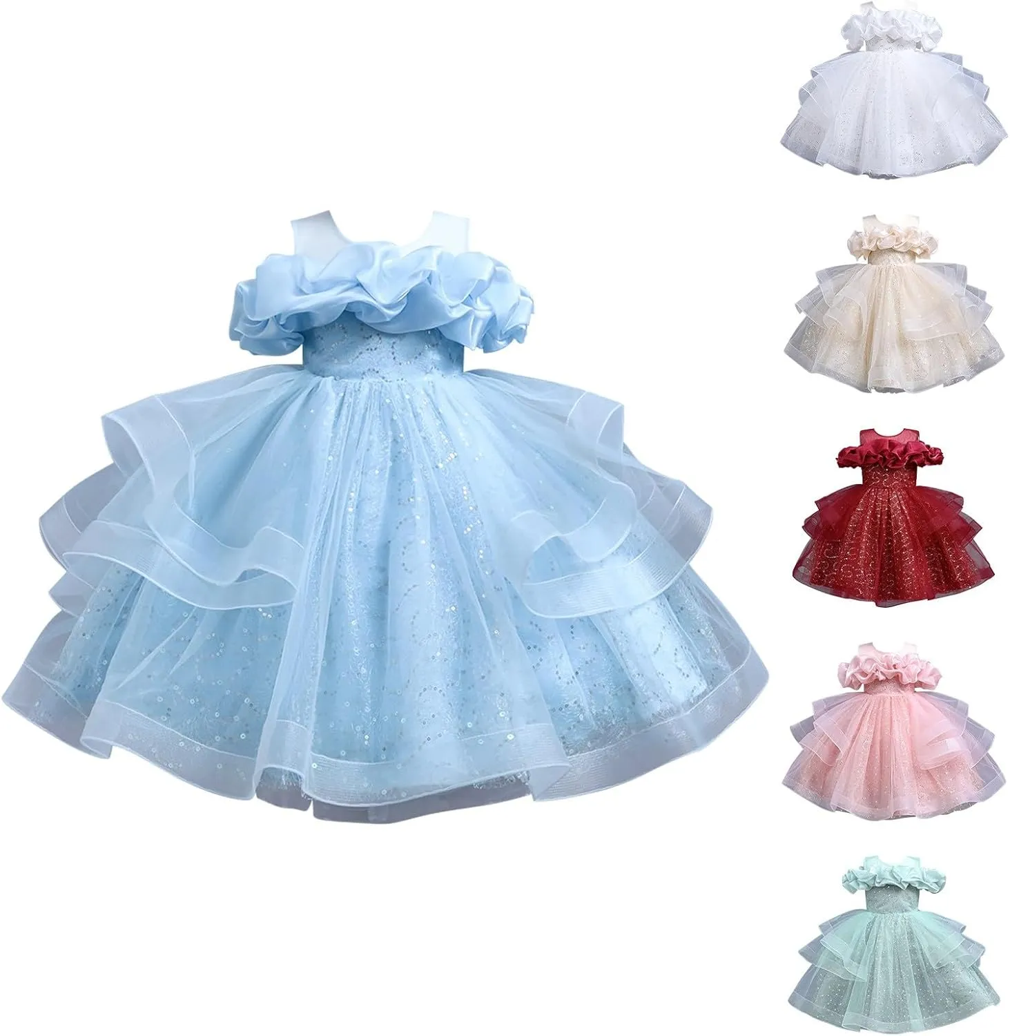 Girls Cold Shoulder Prom Gowns Wedding Part𝐲 Dresses Sequine Tulle Tutu Princess Dress Pageant Evening Gown