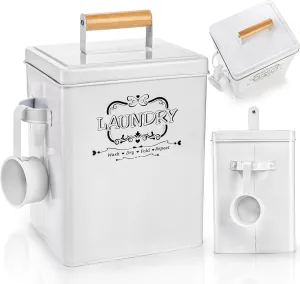 Goaste Metal Laundry Detergent Container, 220oz Laundry Powder Storage Bin with Scoop & Lid, Farmhouse Soap Dispenser Holder, White Pod Canister Tin Box for Room Organization