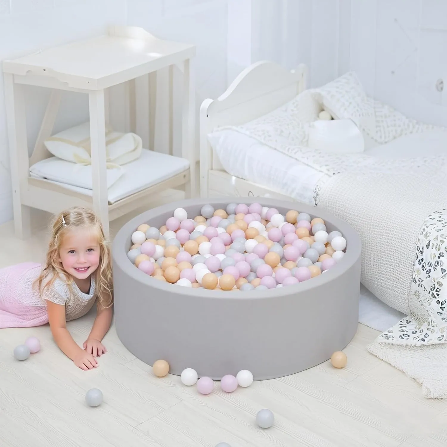 GOGOSO Ball Pit Balls for Toddler, Baby Plastic Playballs Kids Soft Pastel Pelotas Non-Toxic BPA-Free,Pink Grey Beige White,100 Balls