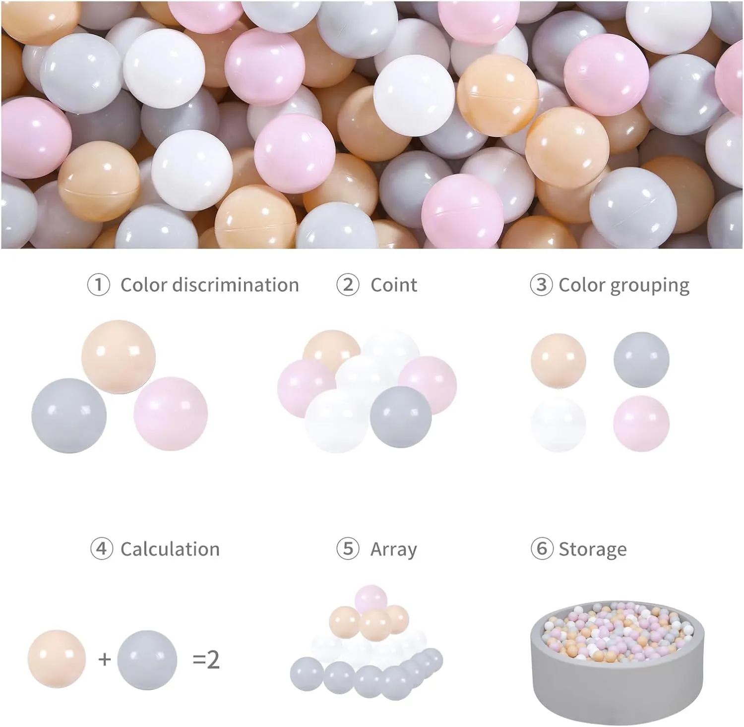 GOGOSO Ball Pit Balls for Toddler, Baby Plastic Playballs Kids Soft Pastel Pelotas Non-Toxic BPA-Free,Pink Grey Beige White,100 Balls