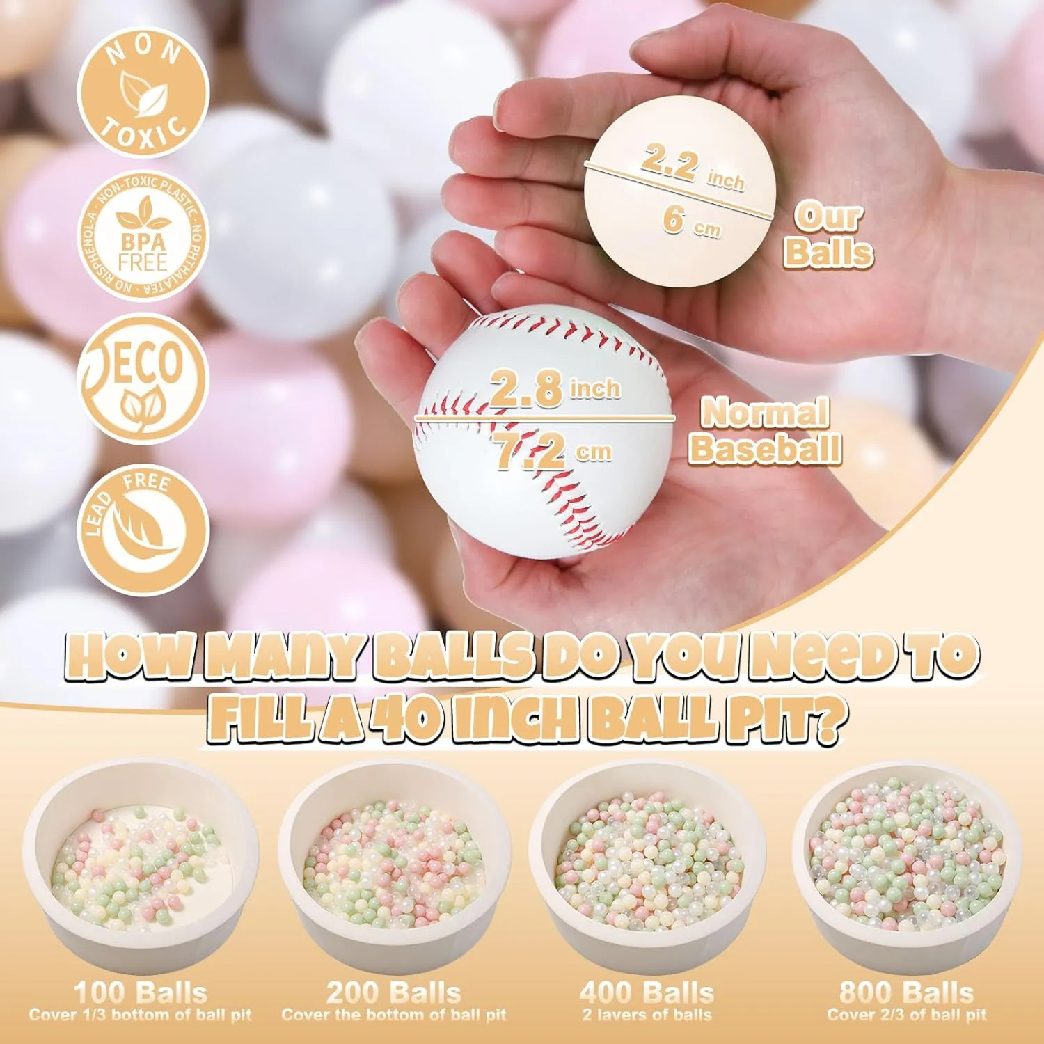 GOGOSO Ball Pit Balls for Toddler, Baby Plastic Playballs Kids Soft Pastel Pelotas Non-Toxic BPA-Free,Pink Grey Beige White,100 Balls
