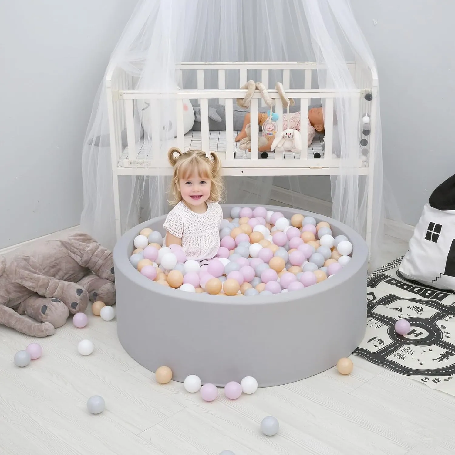 GOGOSO Ball Pit Balls for Toddler, Baby Plastic Playballs Kids Soft Pastel Pelotas Non-Toxic BPA-Free,Pink Grey Beige White,100 Balls