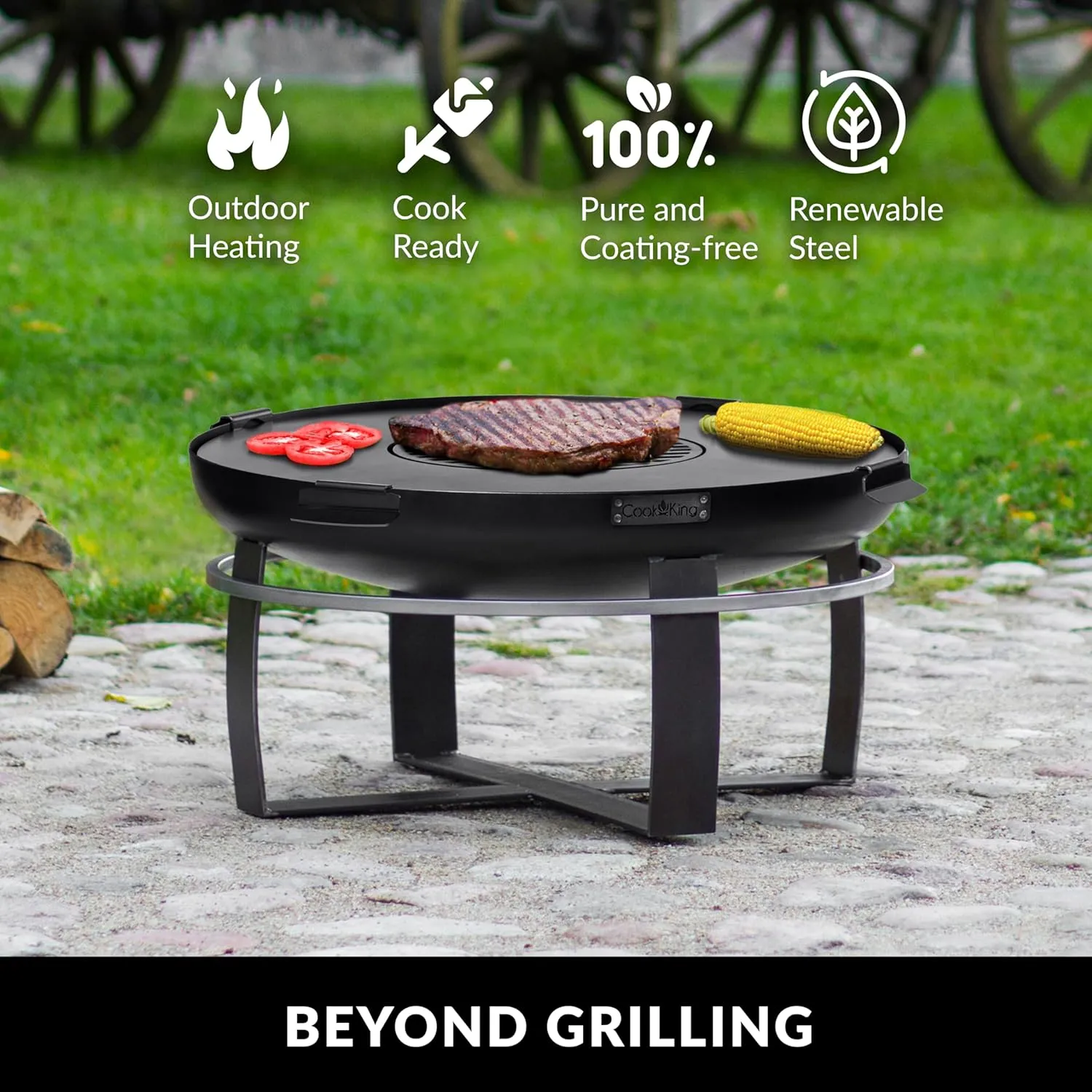 Good Directions Fire Pit Ignition 24" Handcrafted Cooking Fire Pit with Cooking Grill Plate Attachment for Backyard Bonfire Campfire for Outside, Medium Outdoor Firepit, Raw Steel