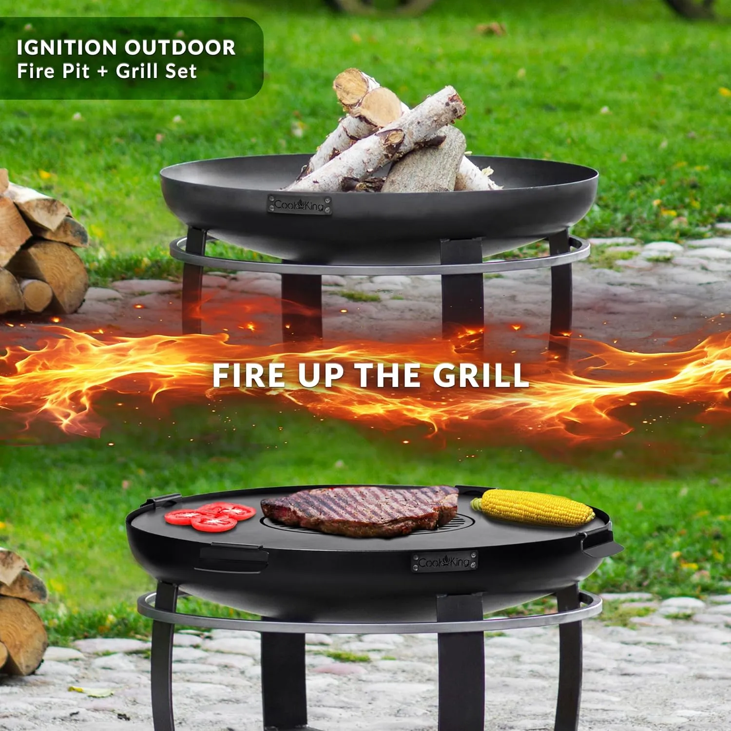 Good Directions Fire Pit Ignition 24" Handcrafted Cooking Fire Pit with Cooking Grill Plate Attachment for Backyard Bonfire Campfire for Outside, Medium Outdoor Firepit, Raw Steel