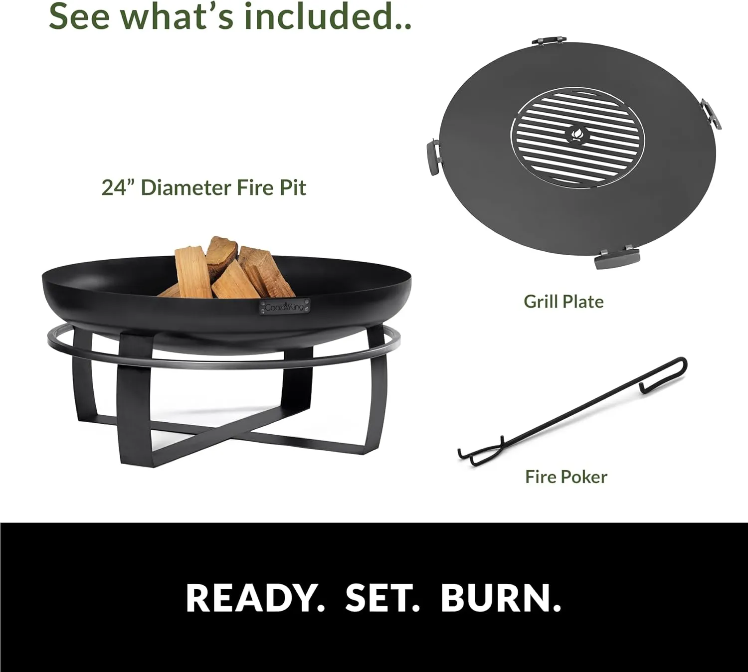 Good Directions Fire Pit Ignition 24" Handcrafted Cooking Fire Pit with Cooking Grill Plate Attachment for Backyard Bonfire Campfire for Outside, Medium Outdoor Firepit, Raw Steel