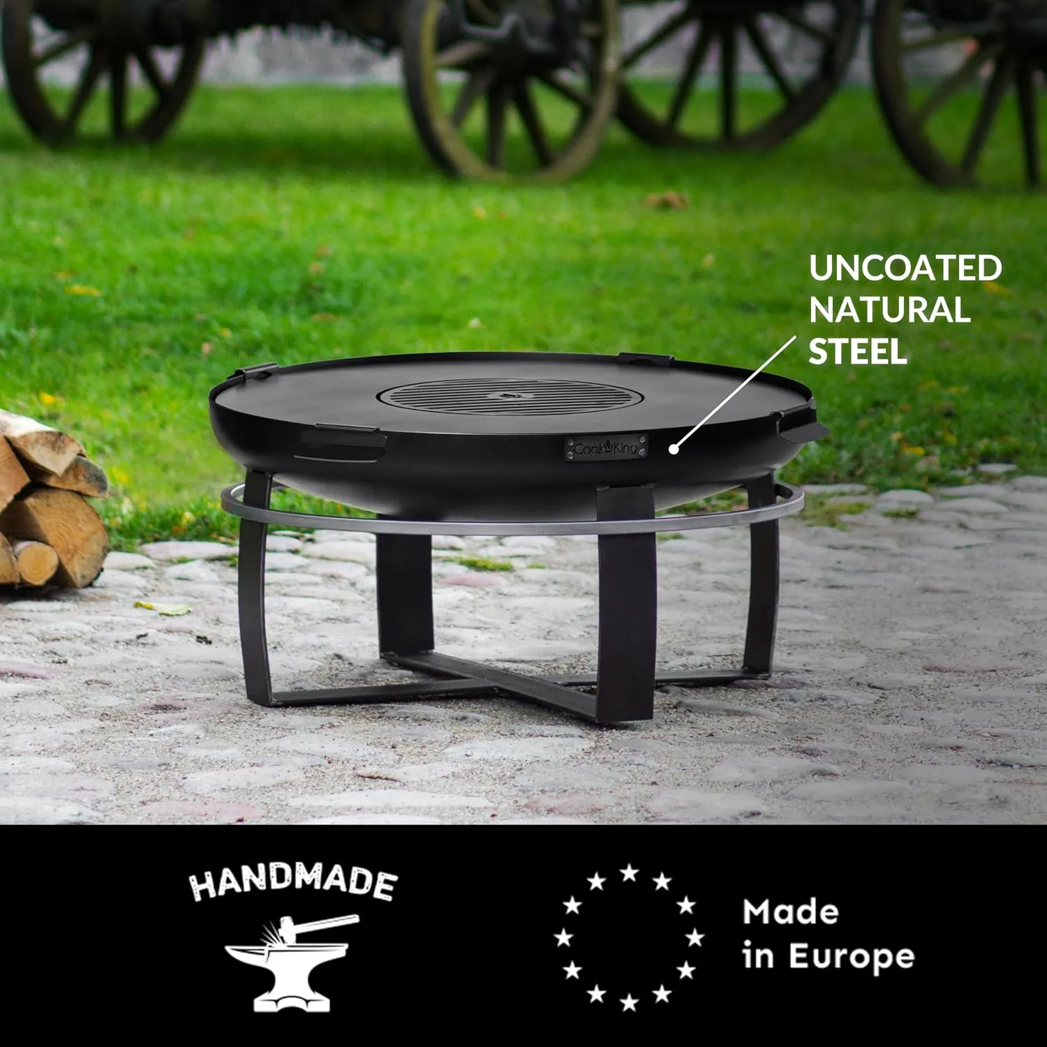 Good Directions Fire Pit Ignition 24" Handcrafted Cooking Fire Pit with Cooking Grill Plate Attachment for Backyard Bonfire Campfire for Outside, Medium Outdoor Firepit, Raw Steel
