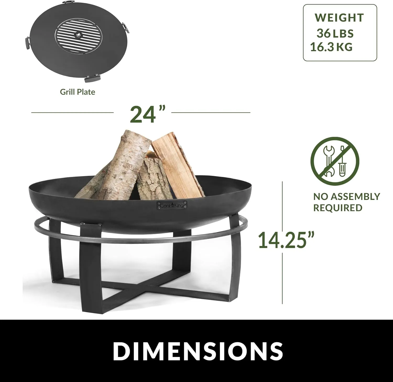 Good Directions Fire Pit Ignition 24" Handcrafted Cooking Fire Pit with Cooking Grill Plate Attachment for Backyard Bonfire Campfire for Outside, Medium Outdoor Firepit, Raw Steel
