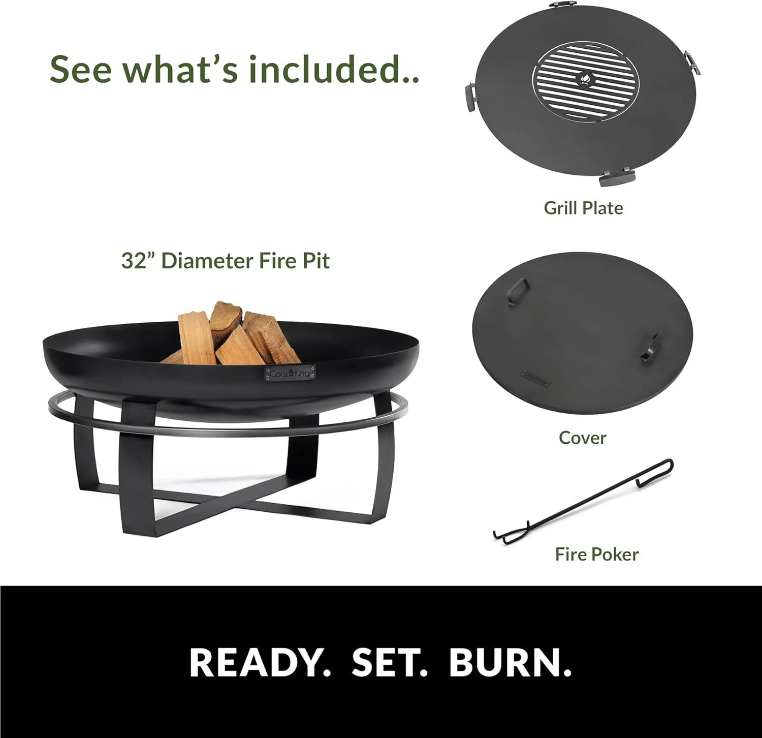 Good Directions Fire Pit Ignition 32" Large Handcrafted Cooking Fire Pit with Grill Plate Attachment and Cover Lid and Wood Burning for Backyard Bonfire Campfire for Outside, Large Outdoor Steel