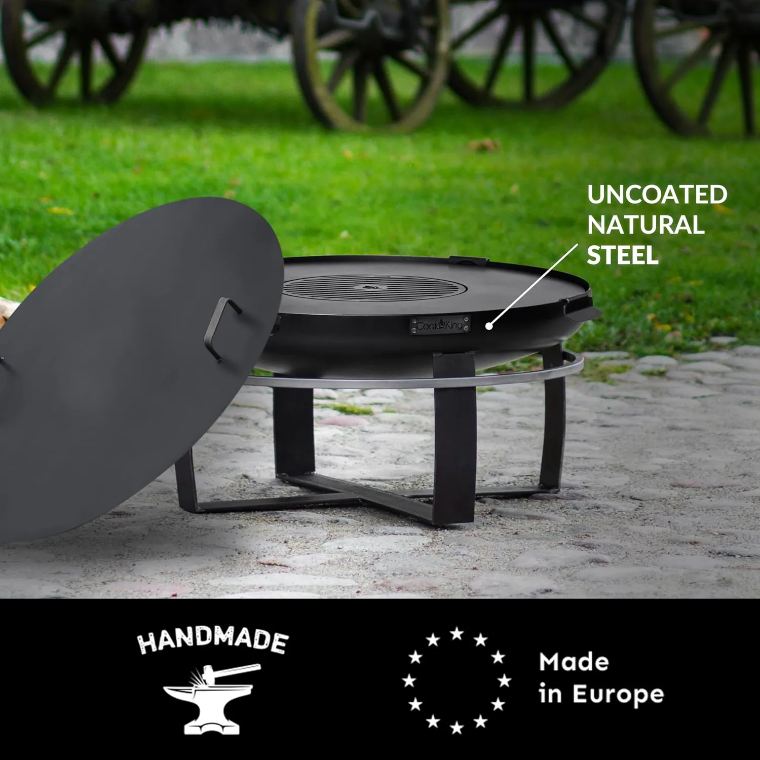 Good Directions Fire Pit Ignition 32" Large Handcrafted Cooking Fire Pit with Grill Plate Attachment and Cover Lid and Wood Burning for Backyard Bonfire Campfire for Outside, Large Outdoor Steel