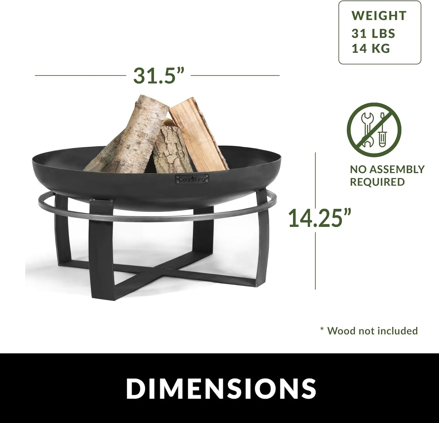 Good Directions Fire Pit Ignition 32" Large Handcrafted Cooking Fire Pit with Grill Plate Attachment and Cover Lid and Wood Burning for Backyard Bonfire Campfire for Outside, Large Outdoor Steel