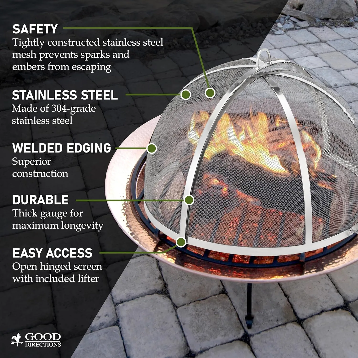 Good Directions Heavy Duty Fire Pit Spark Screen with Lifter, Stainless Steel, Hinged for Easy Access, 24 Inch Diameter