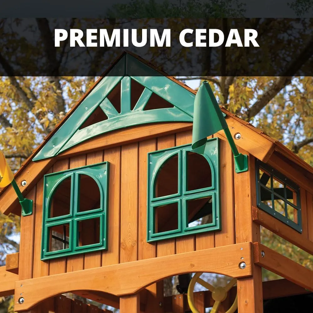 Gorilla Playsets 01-1063-Y Outing Wood Swing Set with Wood Roof & Yellow Slide, Amber