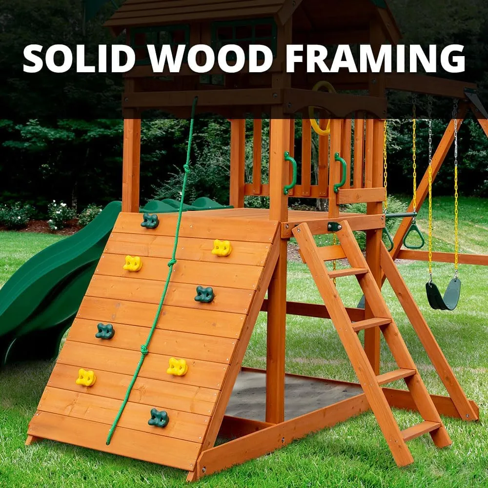 Gorilla Playsets 01-1063-Y Outing Wood Swing Set with Wood Roof & Yellow Slide, Amber