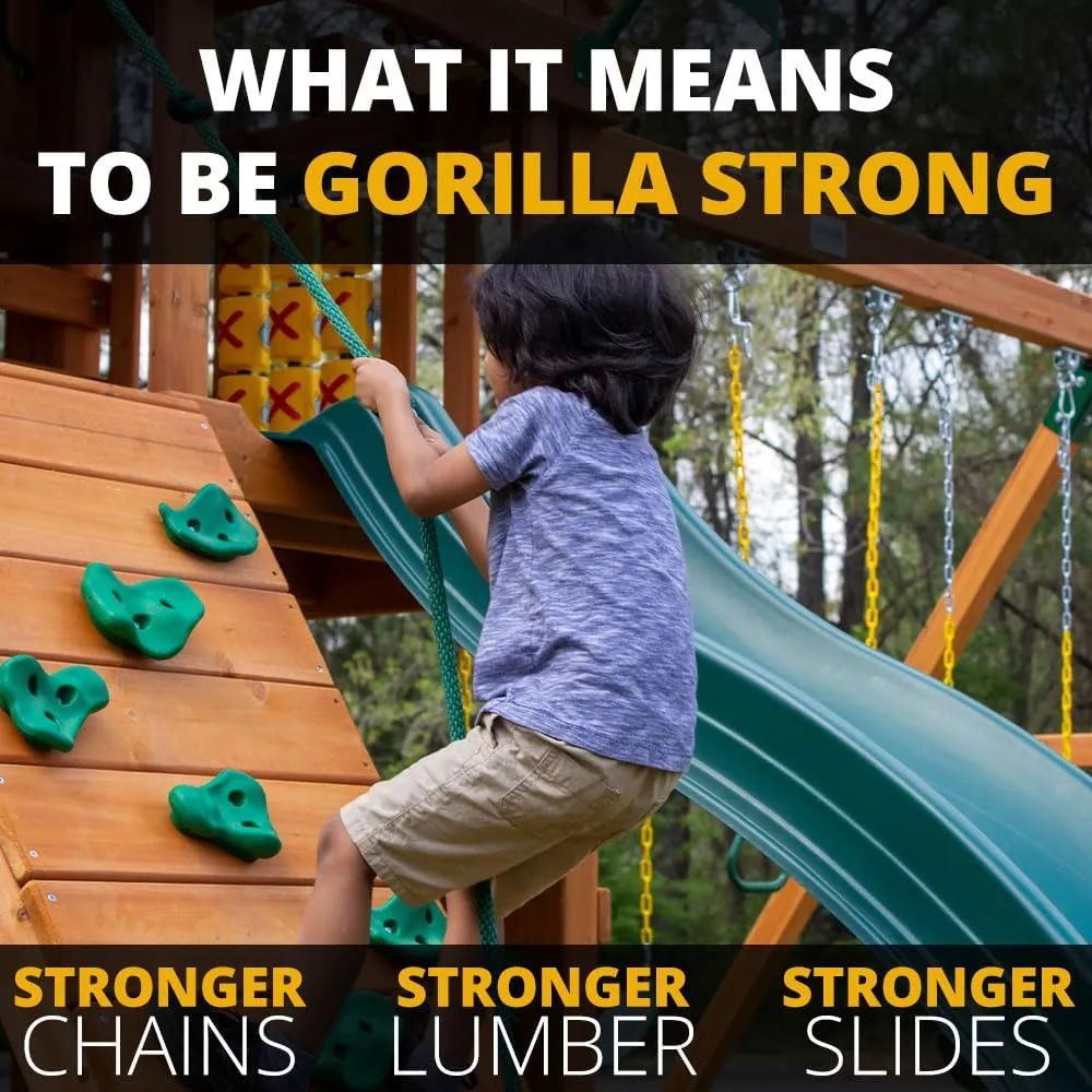 Gorilla Playsets 01-1063-Y Outing Wood Swing Set with Wood Roof & Yellow Slide, Amber
