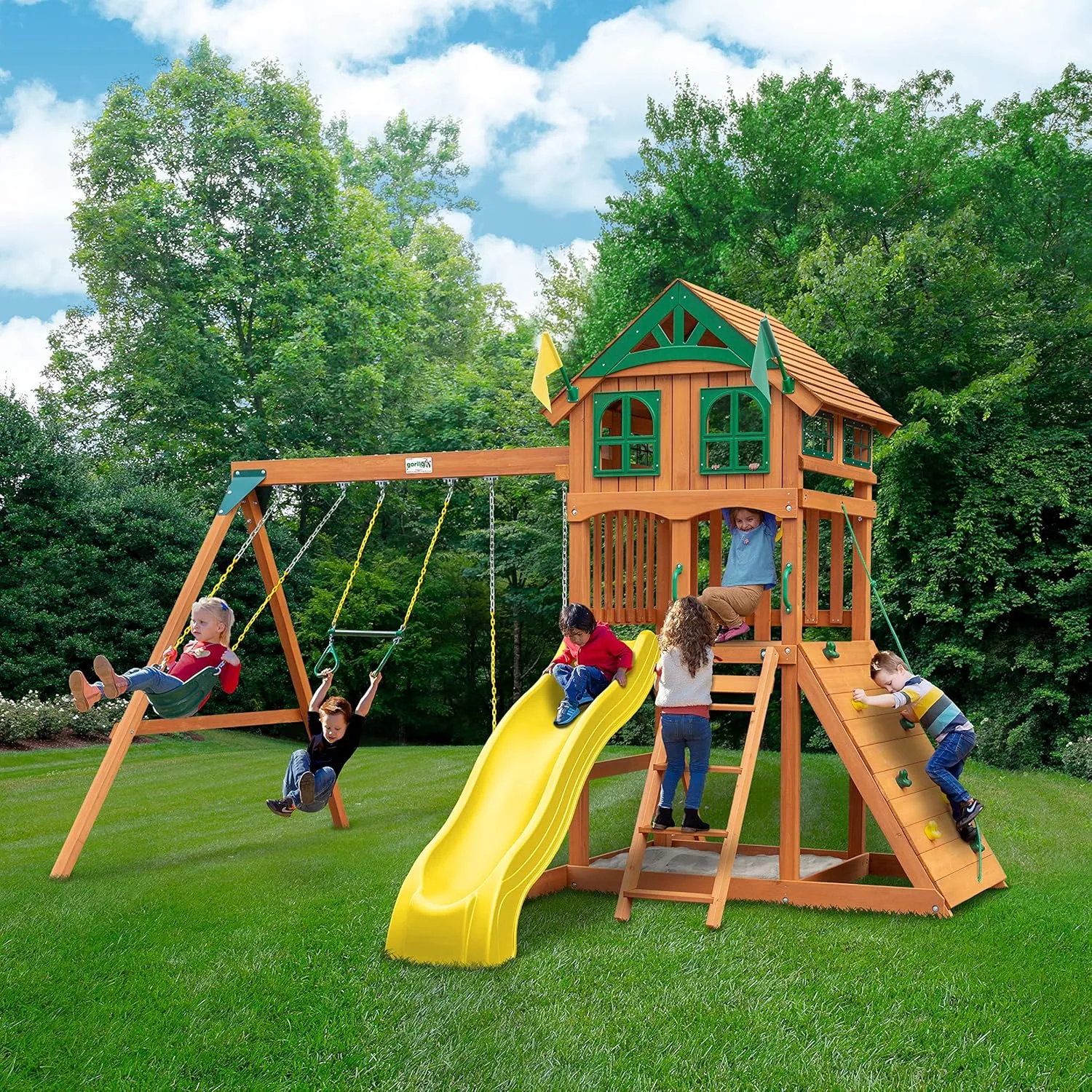Gorilla Playsets 01-1063-Y Outing Wood Swing Set with Wood Roof & Yellow Slide, Amber
