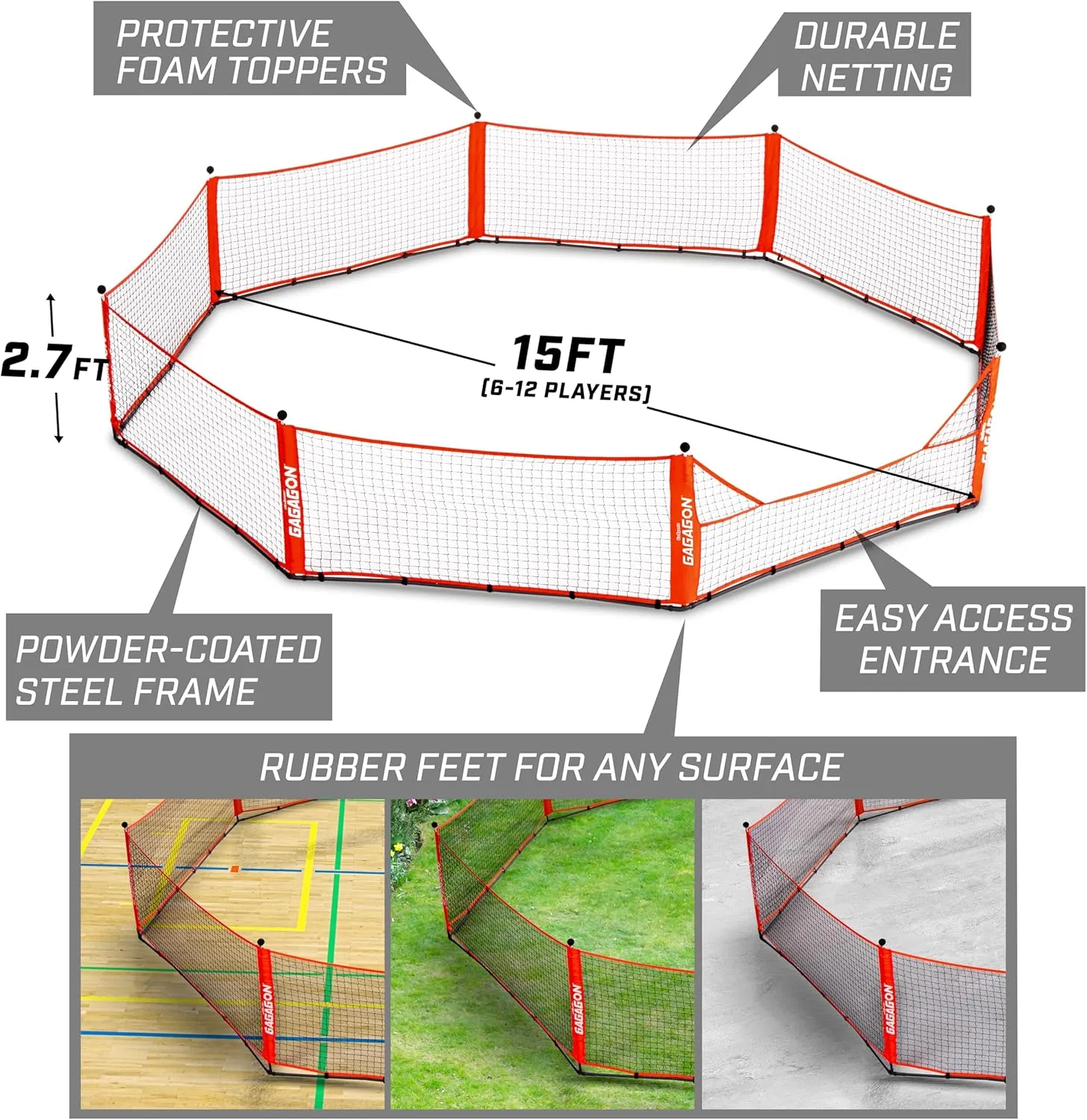 GoSports Gaga Ball Pit – 10 ft, 15 ft or 20 ft Portable Indoor/Outdoor Gagagon Pit for School, Camp or Home Use