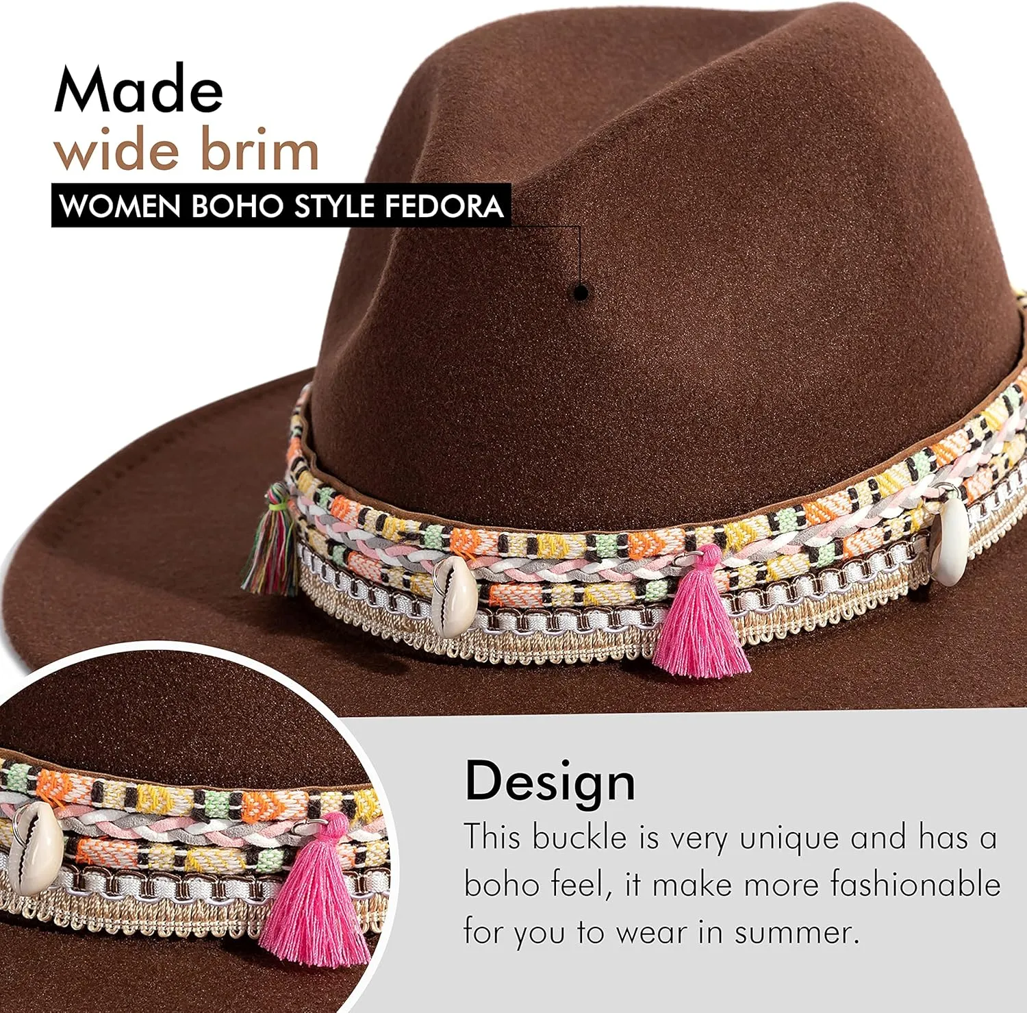 Gossifan Women's Felt Fedora Hat Wide Brim Panama Hats with Tassel