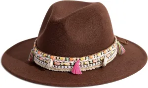 Gossifan Women's Felt Fedora Hat Wide Brim Panama Hats with Tassel
