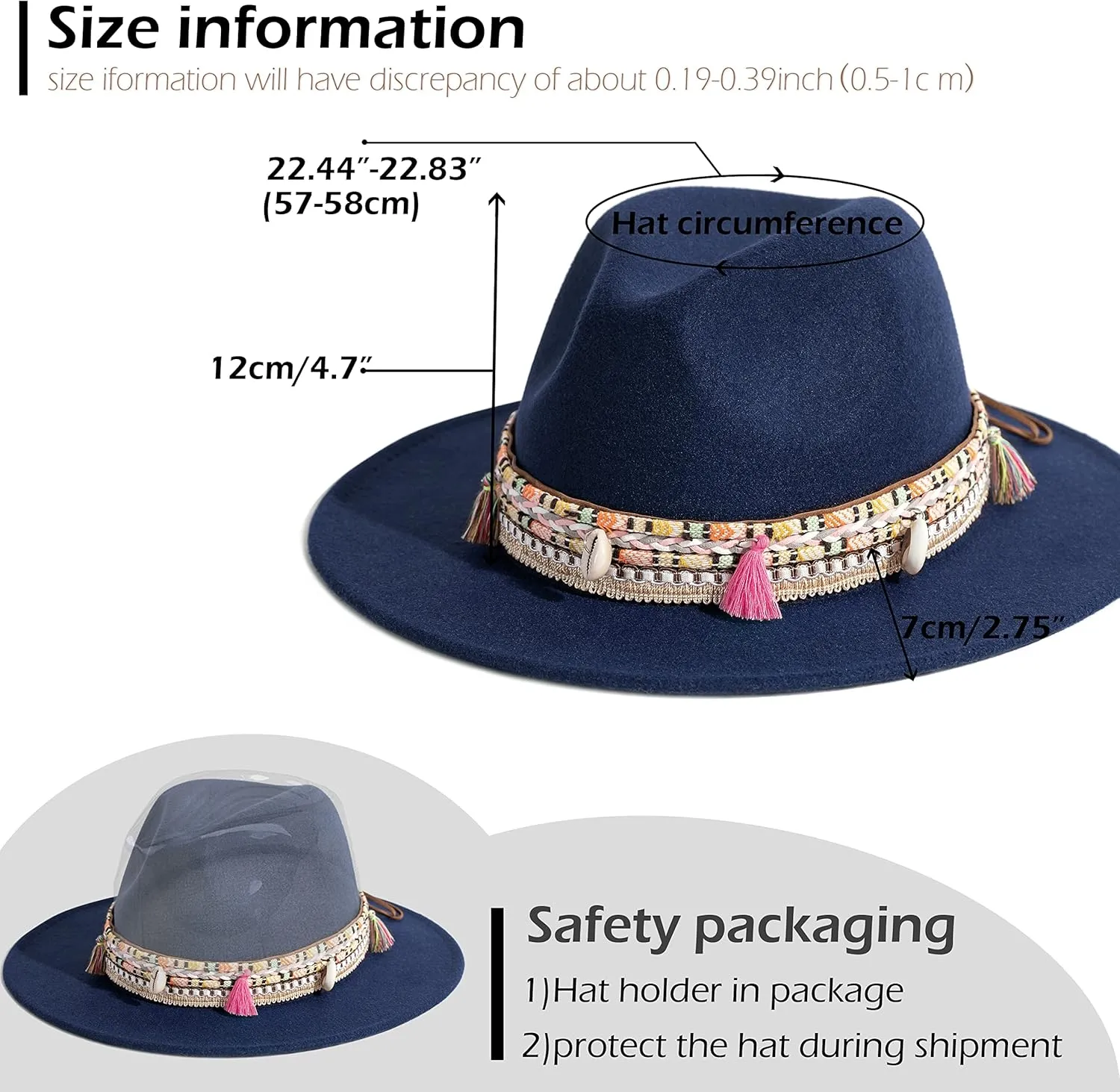 Gossifan Women's Felt Fedora Hat Wide Brim Panama Hats with Tassel