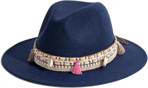 Gossifan Women's Felt Fedora Hat Wide Brim Panama Hats with Tassel
