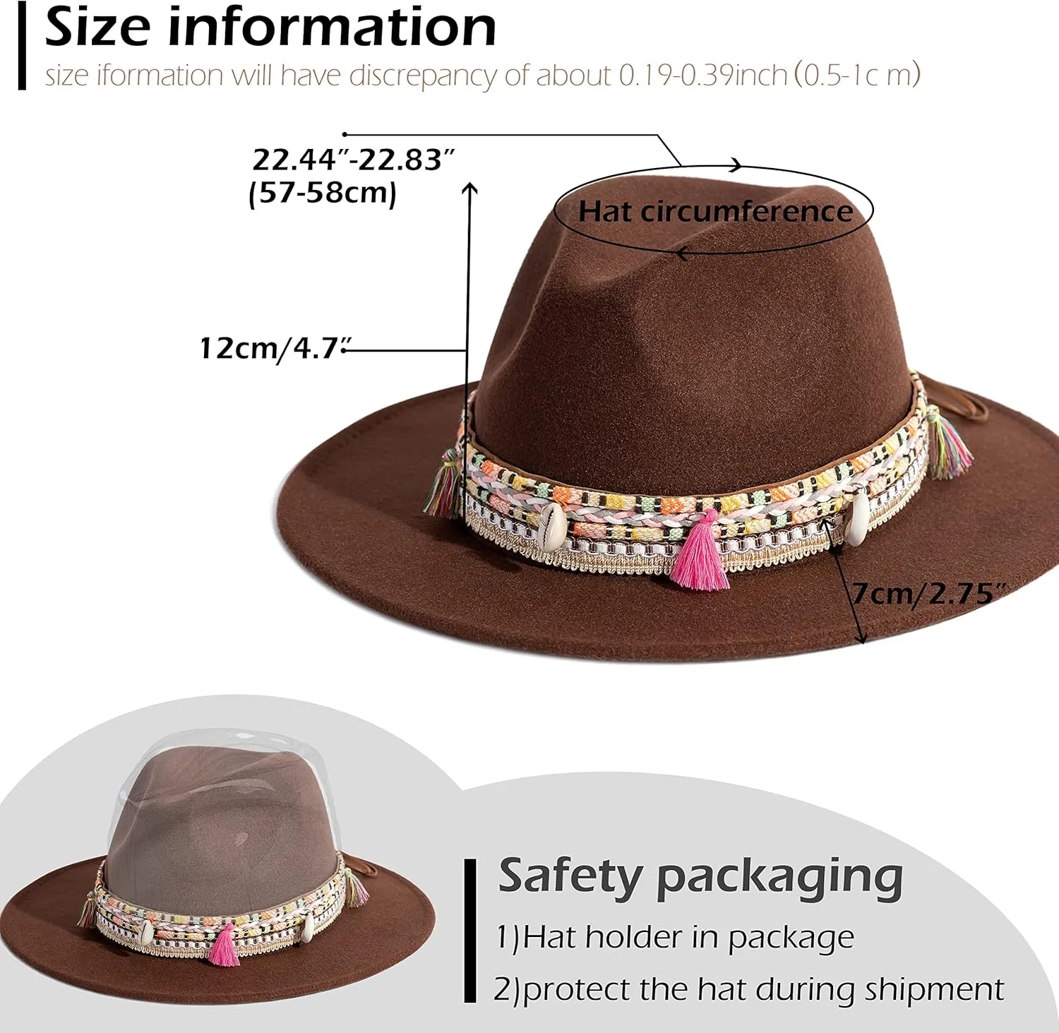 Gossifan Women's Felt Fedora Hat Wide Brim Panama Hats with Tassel