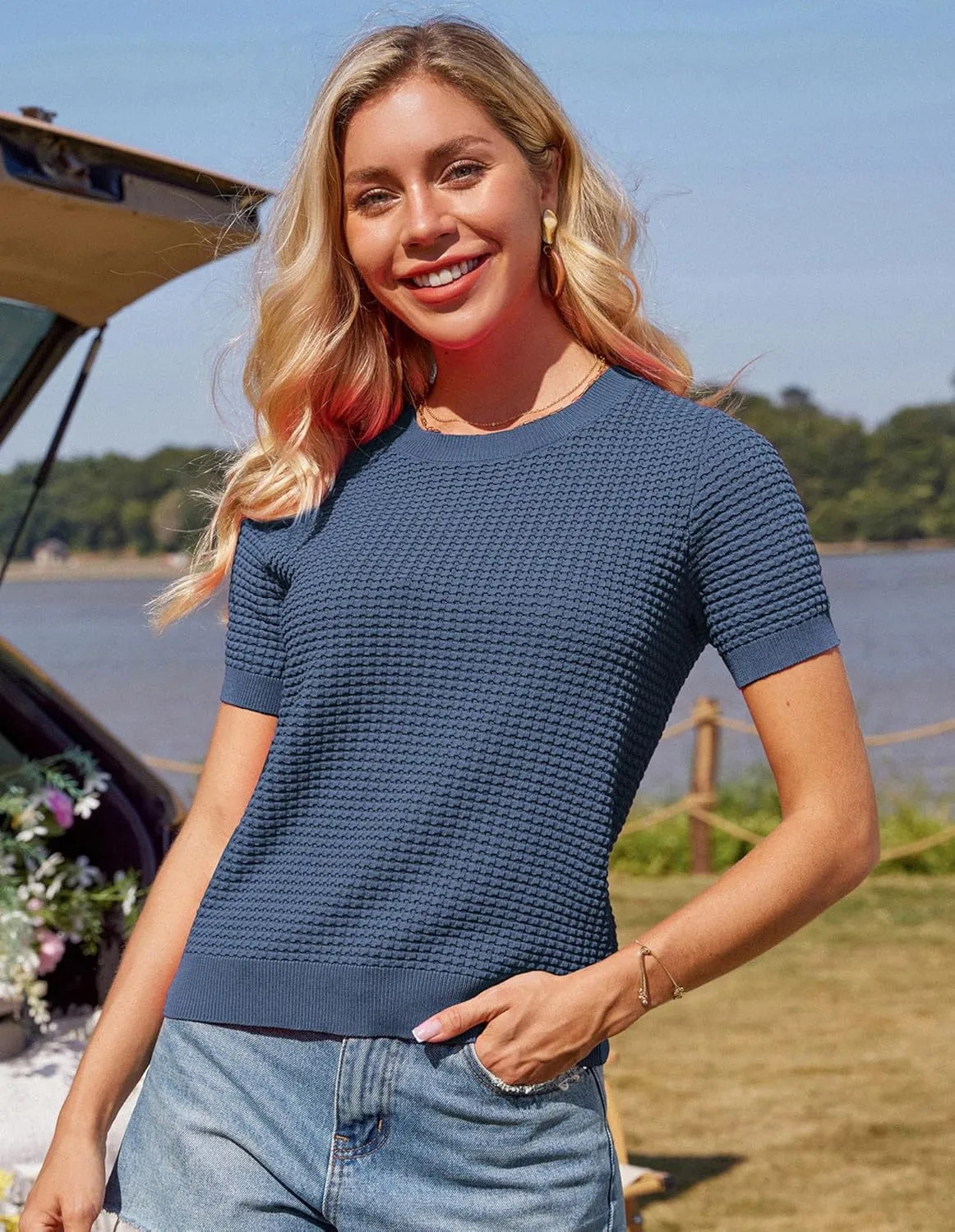 GRACE KARIN Womens Short Sleeve Sweater Crew Neck Summer Sweater Pullovers Tops Lightweight Dressy Casual Knit Blouse