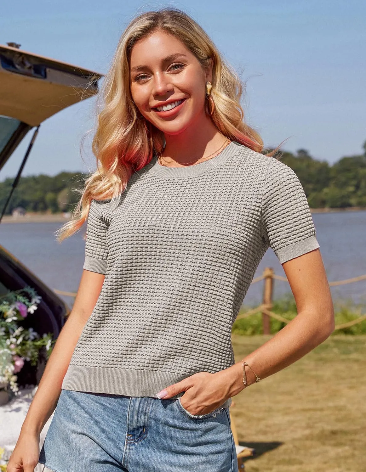 GRACE KARIN Womens Short Sleeve Sweater Crew Neck Summer Sweater Pullovers Tops Lightweight Dressy Casual Knit Blouse