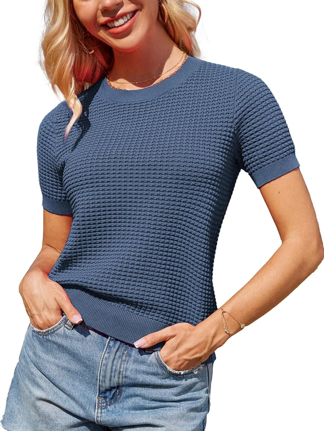 GRACE KARIN Womens Short Sleeve Sweater Crew Neck Summer Sweater Pullovers Tops Lightweight Dressy Casual Knit Blouse