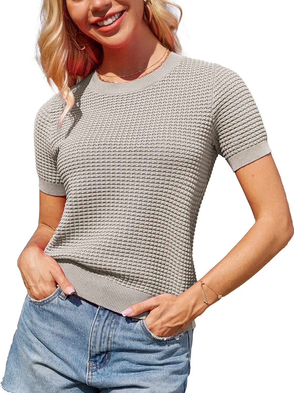 GRACE KARIN Womens Short Sleeve Sweater Crew Neck Summer Sweater Pullovers Tops Lightweight Dressy Casual Knit Blouse