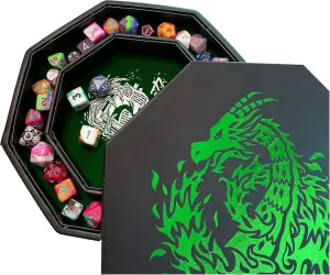 Green Fire Dragon Dice Tray with Wizard Book Print – 9" Octagon with Dice Staging Area, Holds 5 Dice Sets – Ideal for Tabletop RPGs and Board Games
