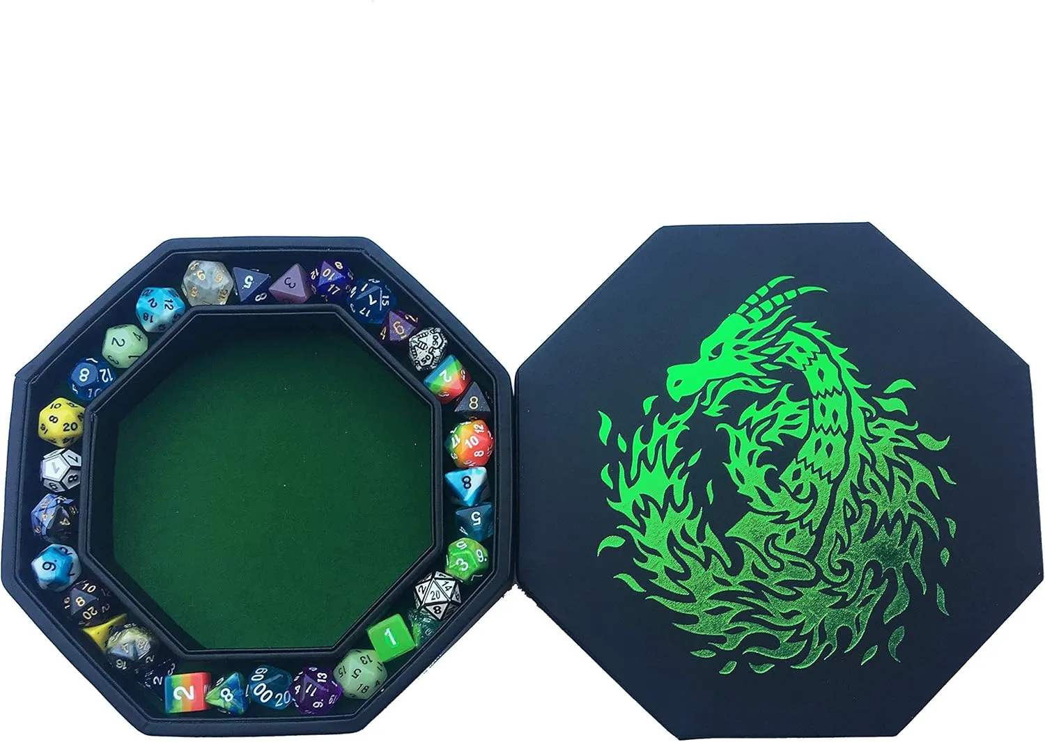 Green Fire Dragon Dice Tray with Wizard Book Print – 9" Octagon with Dice Staging Area, Holds 5 Dice Sets – Ideal for Tabletop RPGs and Board Games