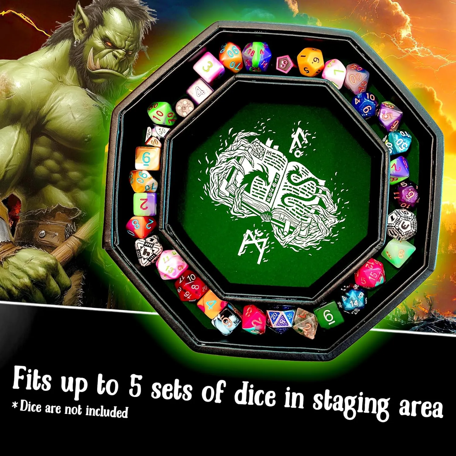 Green Fire Dragon Dice Tray with Wizard Book Print – 9" Octagon with Dice Staging Area, Holds 5 Dice Sets – Ideal for Tabletop RPGs and Board Games