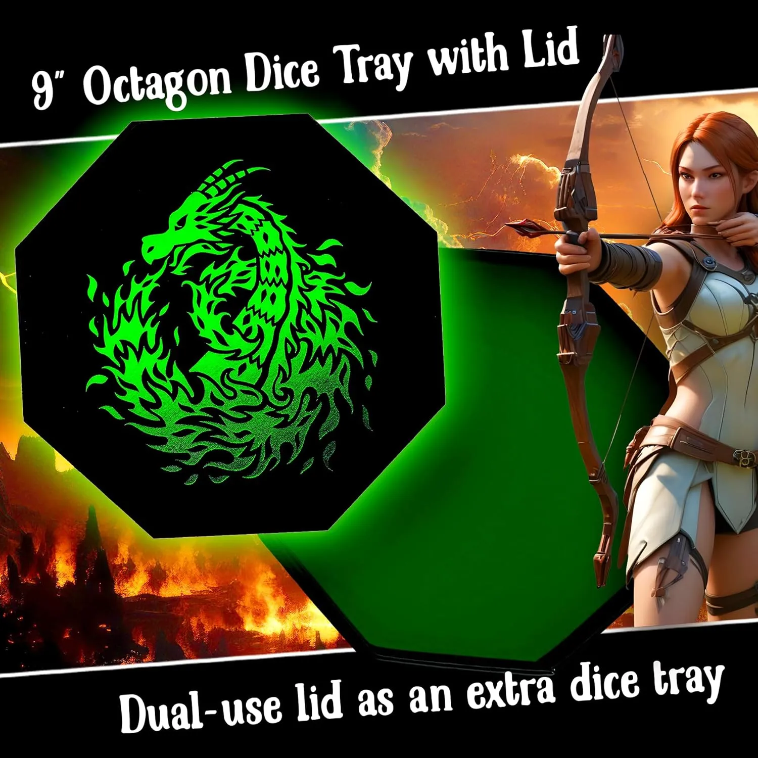 Green Fire Dragon Dice Tray with Wizard Book Print – 9" Octagon with Dice Staging Area, Holds 5 Dice Sets – Ideal for Tabletop RPGs and Board Games