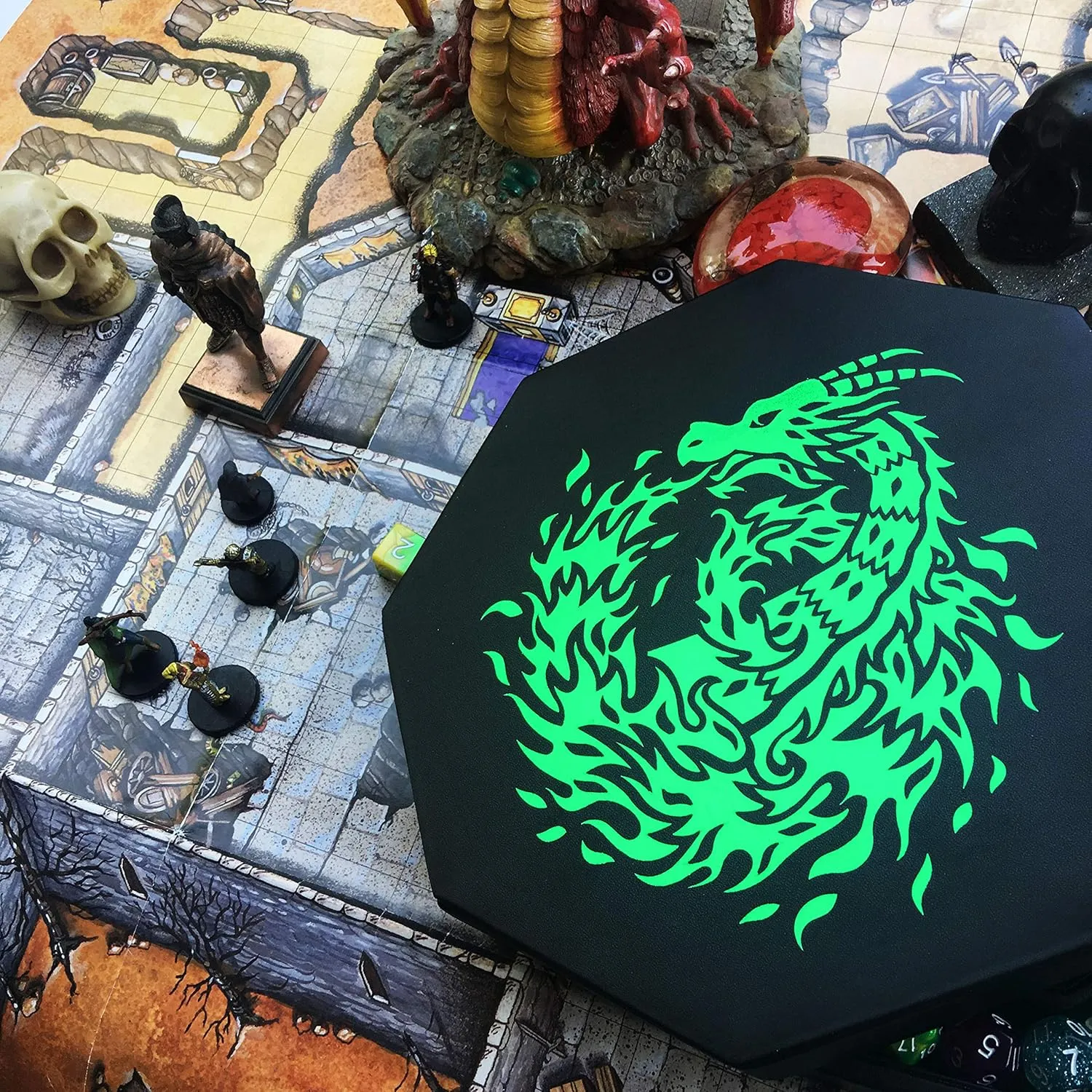 Green Fire Dragon Dice Tray with Wizard Book Print – 9" Octagon with Dice Staging Area, Holds 5 Dice Sets – Ideal for Tabletop RPGs and Board Games