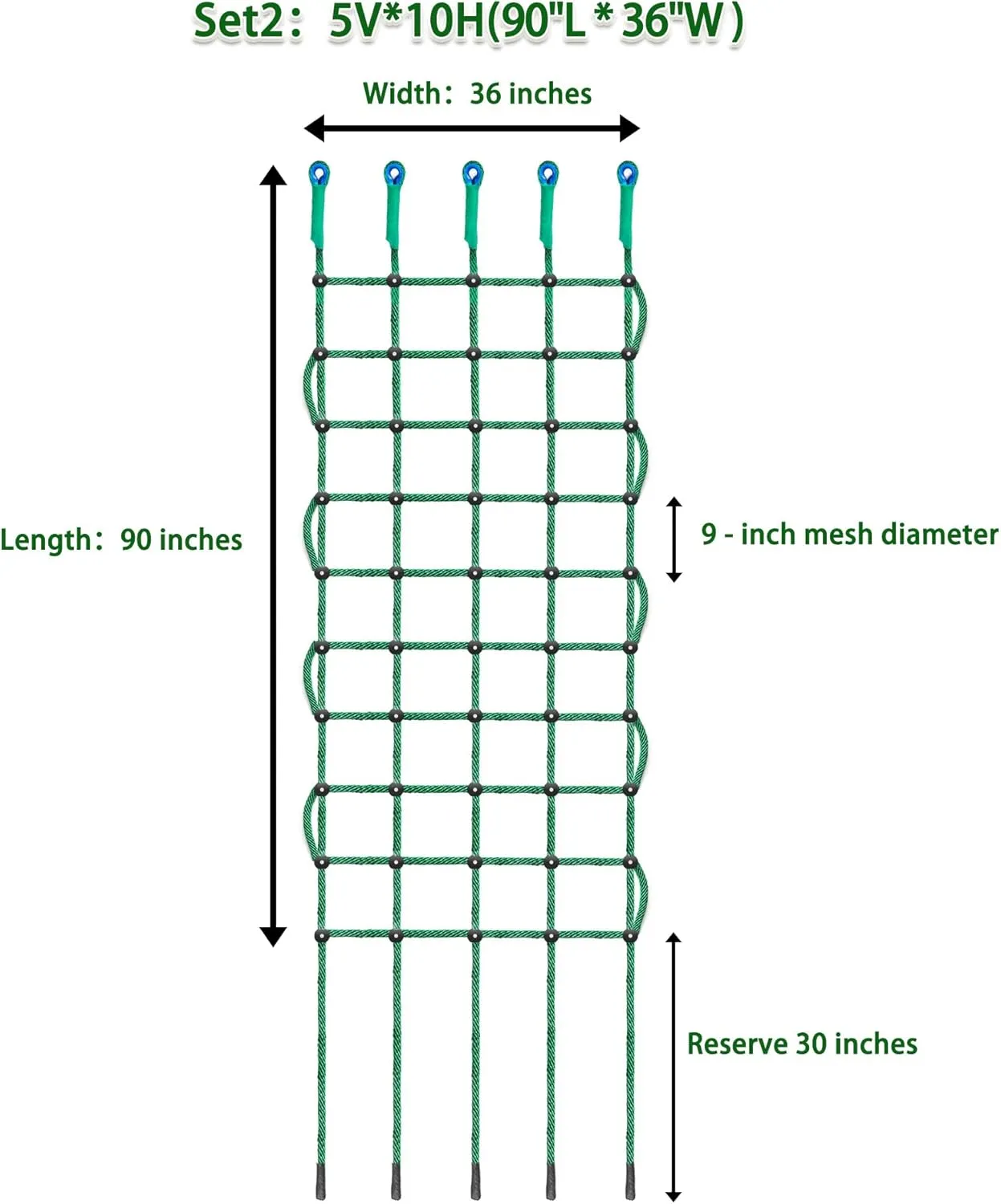 Green Rope Climbing Ladder - Indoor Climbing Net, Outdoor Cargo Webbing Net, 100% Polyester Fiber Rope Ladder, with Installation Drill Bit and Binding Rope. (Set5: 6V * 12H (108" L * 45" W))