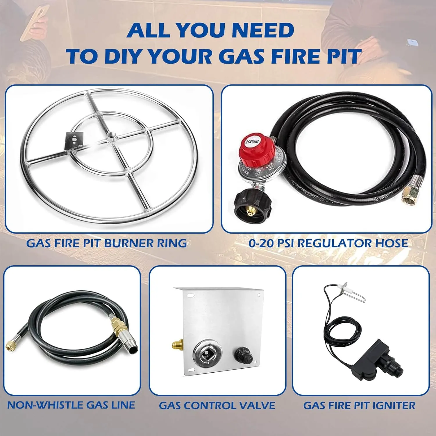 GRISUN Fire Pit Burner Ring Kit 24 Inch, Propane Firepit Kit, Come with Propane Fire Pit Hose Kit and Upgraded Gas Control Spark Ignition Kit, DIY Round Gas Fire Pit Kit, Stainless Steel